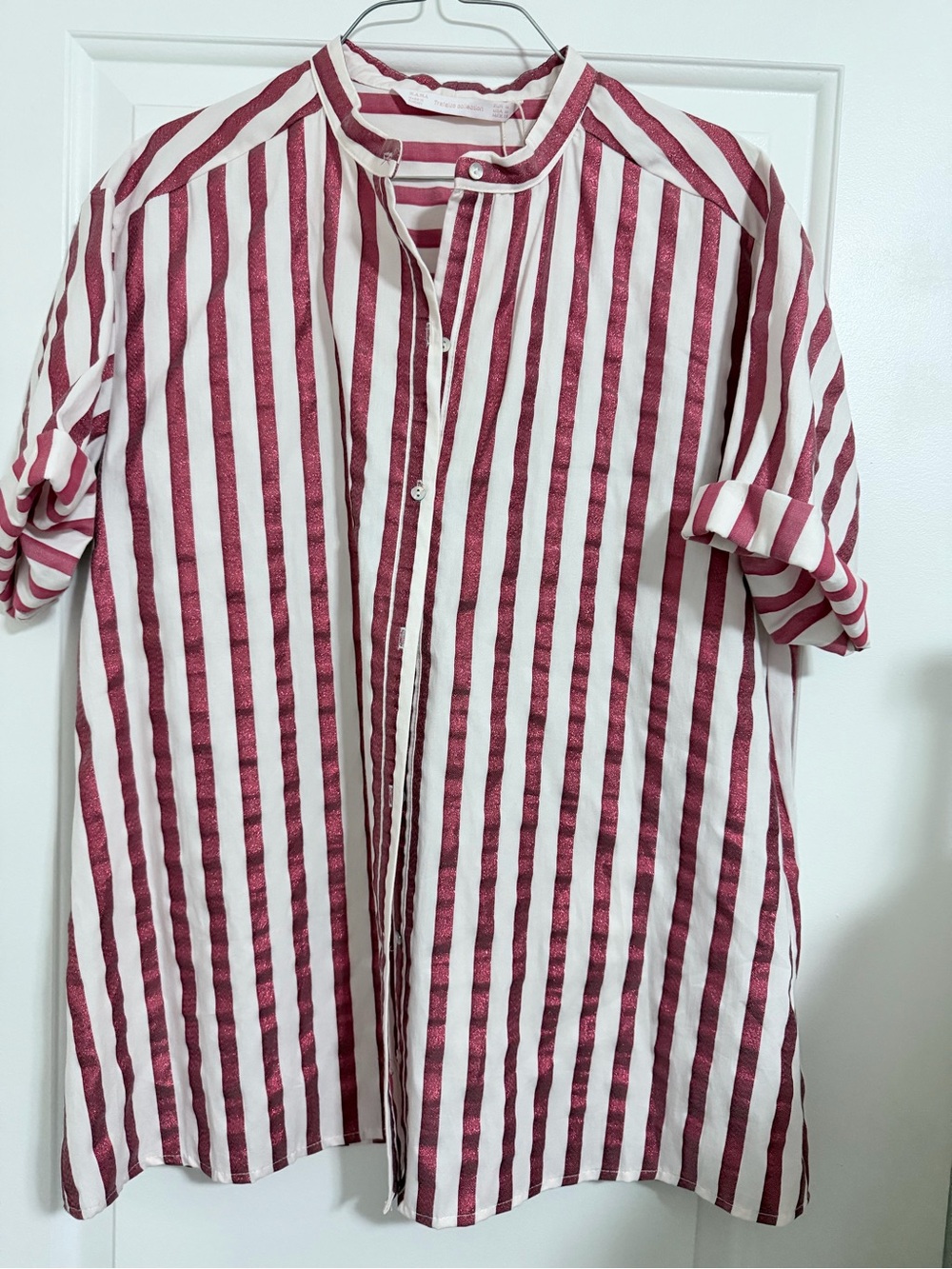 Zara Red and White Vertical Stripe Casual Button-Down Shirt